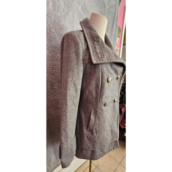 Black Rivet Wool Double Breasted Pea Coat Military Long Line Grey Small 2 4 6‎ - Picture 5 of 7